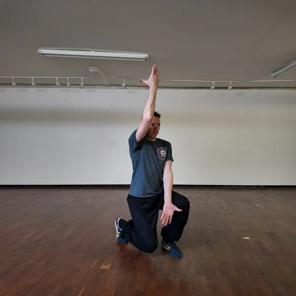 Practitioner demonstrating the second pre-heaven dragon palm at The Moral Dragon