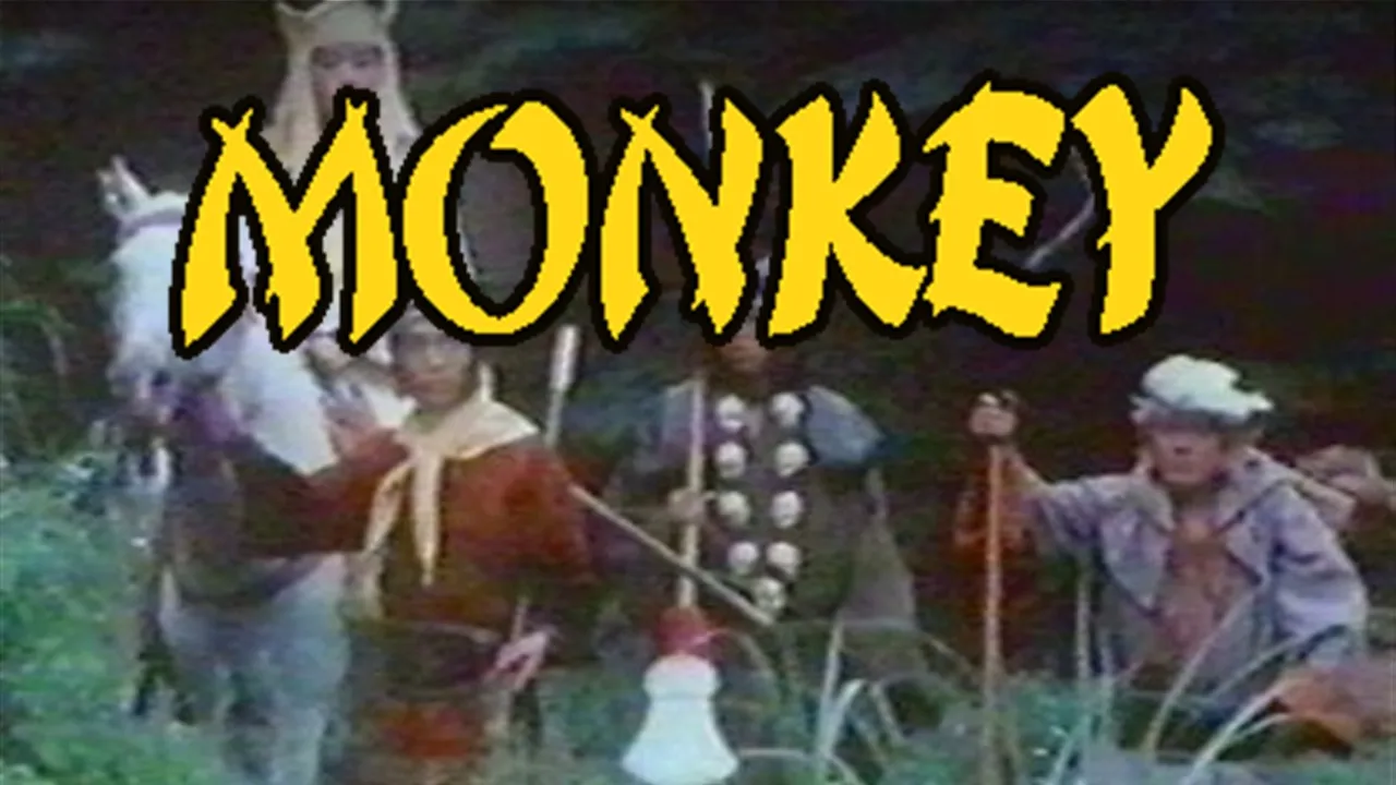 Promotional still from Monkey (Monkey Magic) showing Tripitaka, Monkey, Sandy, and Pigsy with the show title